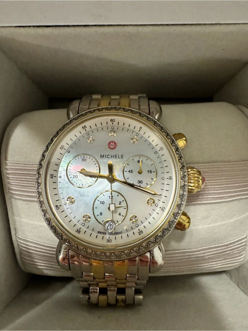 Michele Two-Tone Gold and Silver Mother-of-Pearl Diamond Chronograph Watch